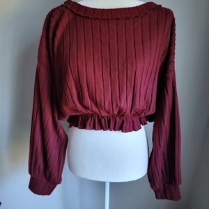 NWT Burgundy sweater cropped with ruffle trim- size large
